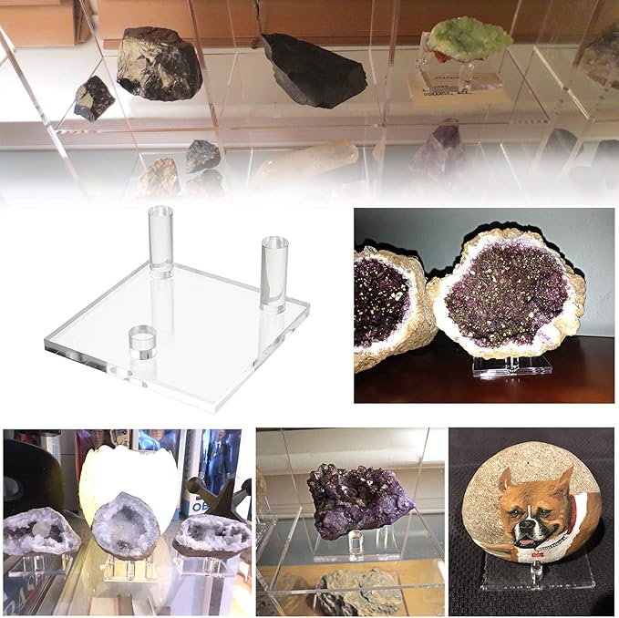 Hipiwe Clear Acrylic Display Stand - Three-Peg Display Easel Stands for Fossil Coral Geodes Rock Mineral Agate Small Collectibles, Set of 4