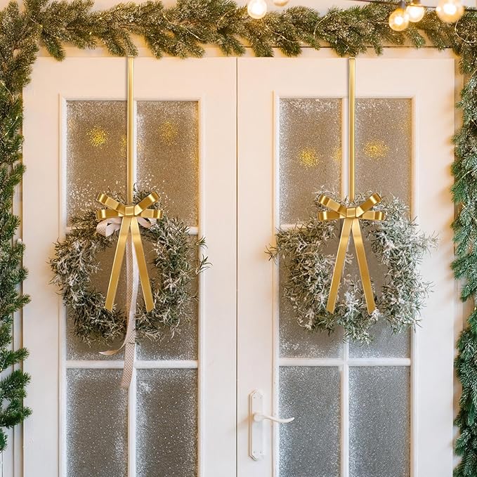 2 Pack Christmas Wreath Hangers for Front Door Christmas Decoration Metal Bow Door Wreath Hanger Front Gold Bow Garland Hooks Hanging Welcome Sign for Xmas Halloween Fall Decorations