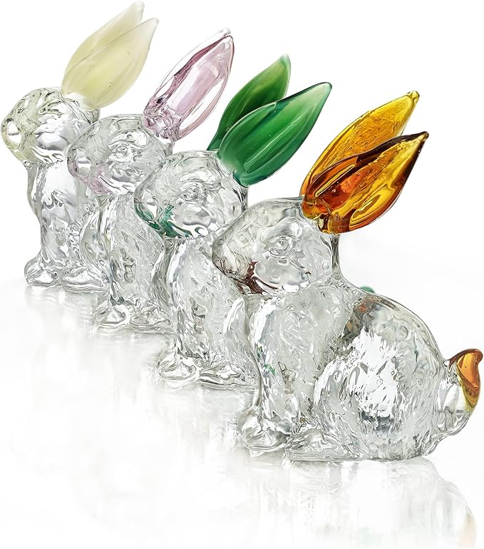 H&D HYALINE & DORA Crystal Easter Bunny Figurines, Spring Easter Rabbit Decor Statue, Crystal Clear Animal Sculpture Centerpiece Table Home Decoration, Pack of 4