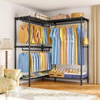E15 Pro Garment Rack L Shaped Clothes Rack for Corner，Freestanding Clothing Racks for Hanging Clothes，Heavy Duty Closet System with 4 Hanging Rods & 8 S Hooks，48.8"W x 15.8"D x 78.4"H，Black