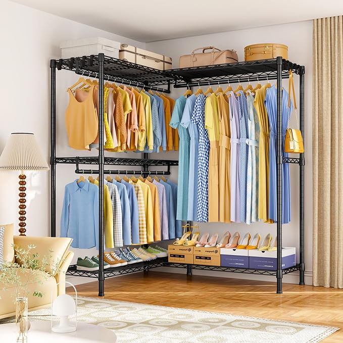 E15 Pro Garment Rack L Shaped Clothes Rack for Corner，Freestanding Clothing Racks for Hanging Clothes，Heavy Duty Closet System with 4 Hanging Rods & 8 S Hooks，48.8"W x 15.8"D x 78.4"H，Black