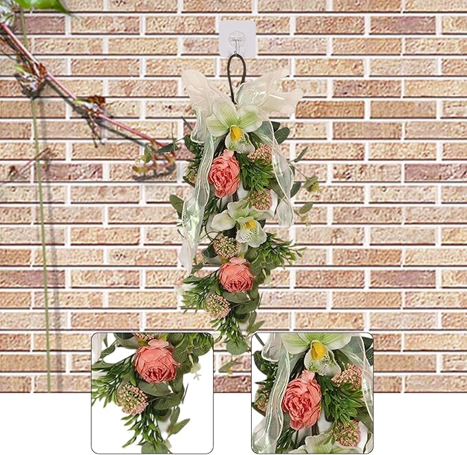 Fancyes Artificial Floral Teardrop Swag Wreath Front Door Swag Hanging Decoration with Hanging Loop for Fence Hotel Wall Party Favor