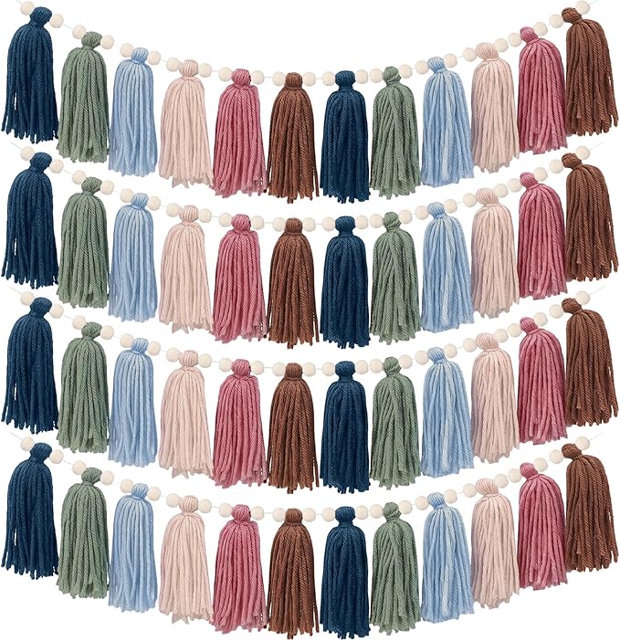 Breling 4 Pcs Boho Macrame Tassel Garland 188 Inch Boho Classroom Decor Hanging Tassel Garland Bunting for Nursery Room Birthday Party Bedroom Dorm Bohemian Wall Decorations for Home