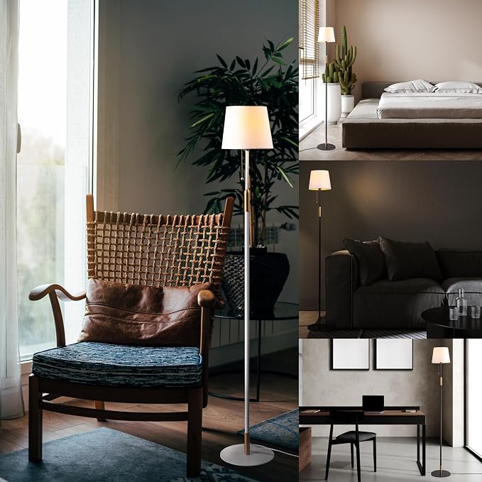 O'Bright Velum - Classic Floor Lamp, Elegant Linen Shade, Pull Chain Switch, Luxury Gold Handle, Modern Minimalist Design - Perfect for Living Room, Bedroom, Office - Black