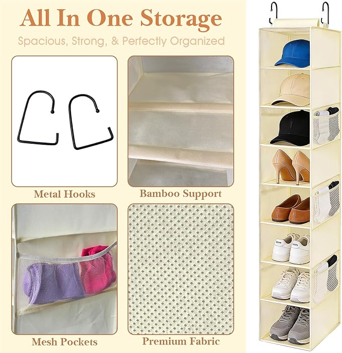 VERONLY Hanging Shoe Organizer for Closet with 8 Shelves,Mesh Pockets-Wider Hanging Shelves for Shoes,Clothes,Hats With Sturdy Bamboo-Supported Design (Beige)