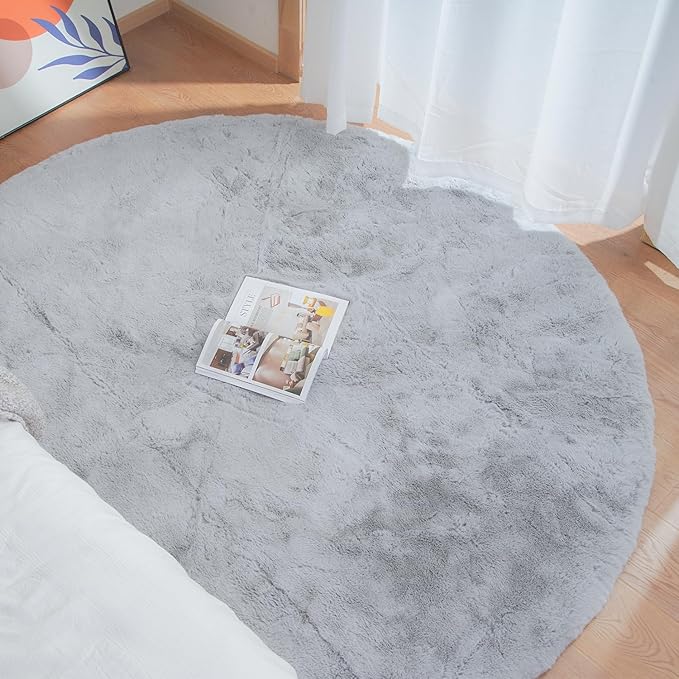 Grey Washable Fluffy Round Rugs 6ft Faux Bunny Fur Rugs for Living Room Bedroom Boho Circle Sheepskin Rug Teen Room Nursery Rug