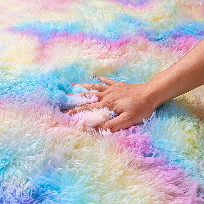 Rainbow Rug for Living Room, 6x9 Area Rug for Cute Girls Room, Bedside Indoor Floor Fluffy Shag Carpet, Plush Soft Rug for Bedroom Nursery Dorm Home Decor