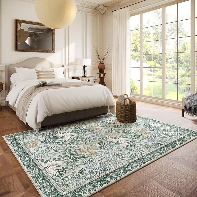 Botanical Floral Area Rug 5x7 Light Green Cream Vintage Garden Design, Perfect for Living Room, Bedroom, Kids Room, Nursery - Stain & Water Resistant Non-Slip, Pet & Child Friendly Area Rugs