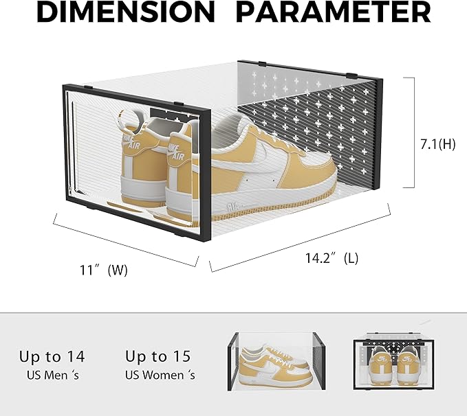 Pinkpum XXL Shoe Storage Box Fit for Size 14, Clear Plastic Stackable Shoe Organizer for Closet 12 Pack, Shoe Containers Sneaker Storage Black
