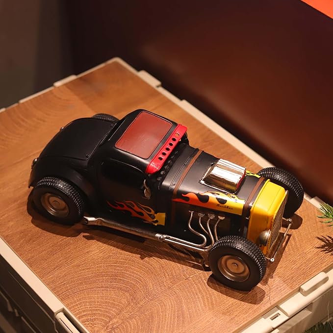GENUINQ Vintage Hot Rod Metal Car Model Retro Classic Car Decor, Handmade Collectible Vehicle Figurine with Flame Design for Home, Office, Man Cave Decor & Gift