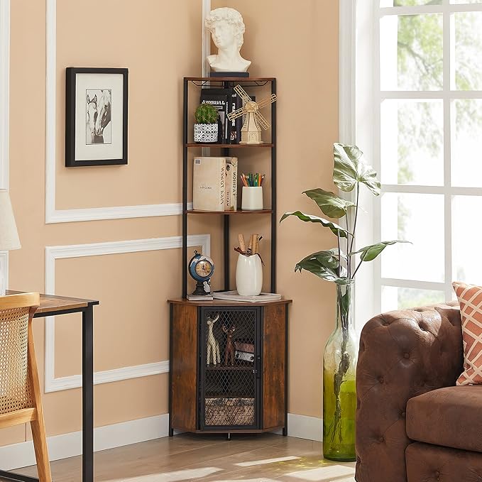 VECELO Corner Cabinet, Tall Storage Shelf, Bookshelf Display Shelves Rack for Living Room, Kitchen, Balcony, Small Space