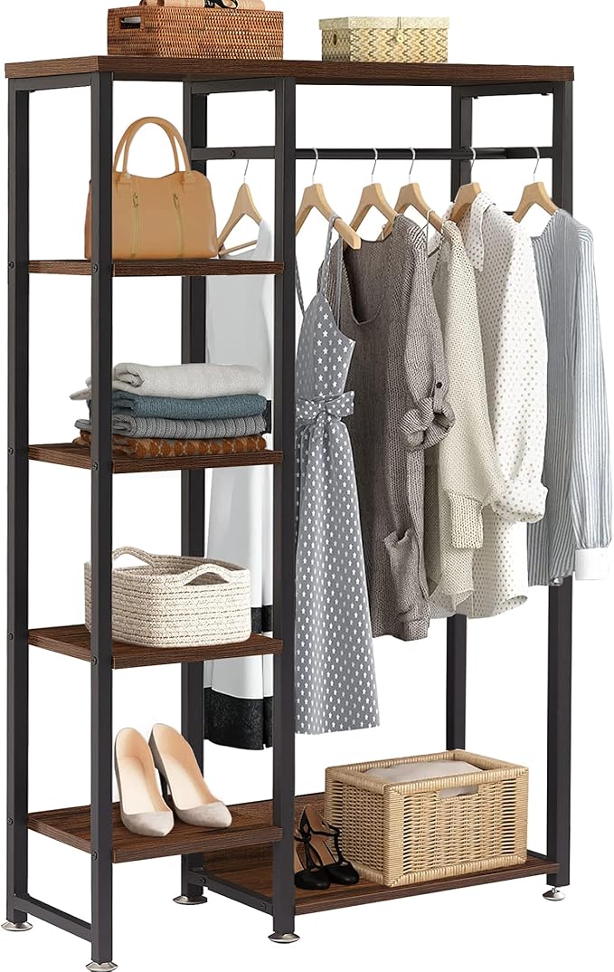 VECELO Open Garment Clothing Rack, Free-Standing Heavy Duty Storage Closet with 5 Shelves and Hanging Rod for Small Spaces, Max Load 350LBS, Brown