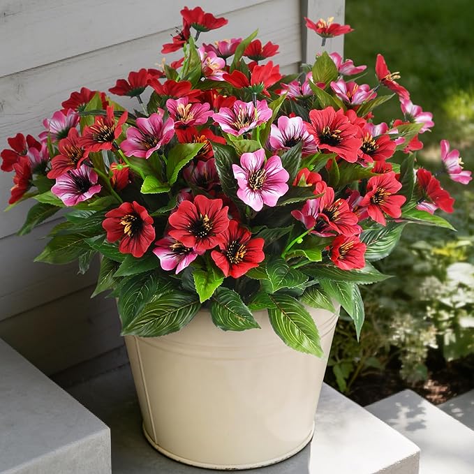 Fake Artificial Flowers for Outdoors Decoration,4 Bundles Silk Faux Spring Flowers with Plants Leave UV Resistant for Planter Front Door Porch Yard Patio Window Box Home Indoor Decor