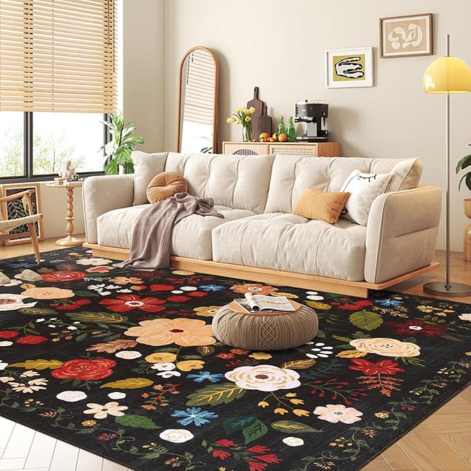 U'Artlines 8x10ft Vintage Floral Area Rug Machine Washable Ultra Soft Low Pile Non Slip Non Shedding Accent Floor Carpet for Living Room, Bedroom, Dining Room, Office (Black Green)