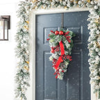 Glitzhome 25" Flocked Christmas Teardrop Door Swag with Berries, Ornaments and Pinecones Snow Dusted Hanging Garland for Front Door Indoor Holiday Decor