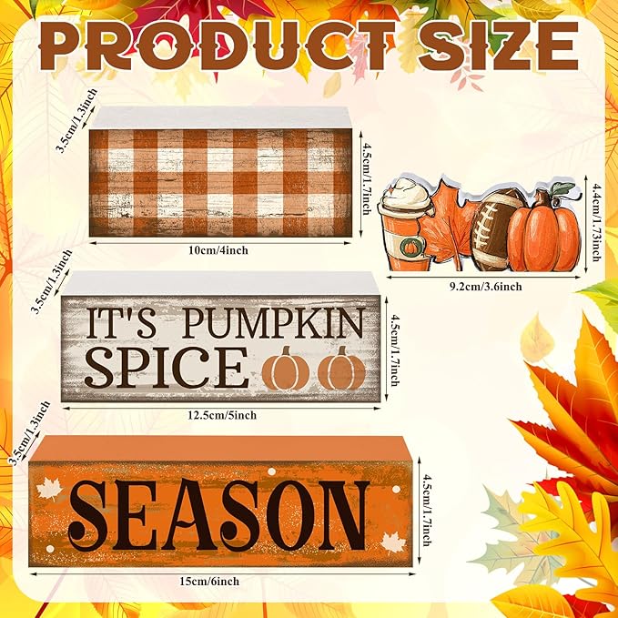 Lineshading 4 Pcs Fall Football Decorations for Home Thanksgiving Table Decor Fall Tiered Tray Decor Decorative Football Maple Leaves Pumpkins Block Signs Farmhouse Thanksgiving Centerpiece for Home