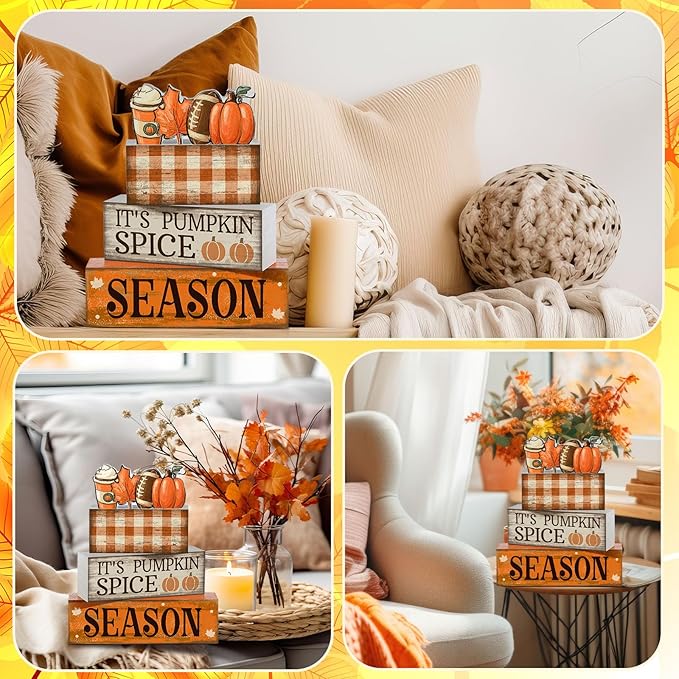 Lineshading 4 Pcs Fall Football Decorations for Home Thanksgiving Table Decor Fall Tiered Tray Decor Decorative Football Maple Leaves Pumpkins Block Signs Farmhouse Thanksgiving Centerpiece for Home