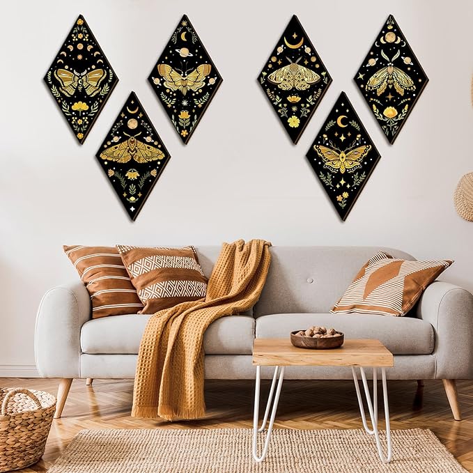 Sintuff 6 Pieces Gothic Wall Decor Boho Sun Moon Phases Wall Art Gothic Minimalist Stars Sun Hanging Wooden Home Decor Farmhouse Pediments for Gallery Living Bedroom Room(Moth)
