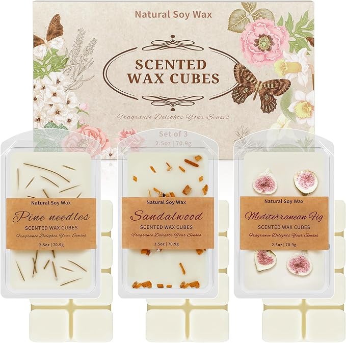 SCENTORINI Wax Melts, Premium Wax with Essential Oil, Summer Scents, Scented Wax Melts, Natural Dried Flower, Pine Needles, Sandalwood, Mediterranean Fig, 2.5 oz X 3 Pack