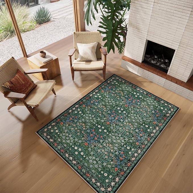 Dark Green 4x6 Washable Area Rug, Ultra Soft Non-Slip Stain Resistant, Floral Distressed Design for Living Room, Bedroom, Large Entryway & Kitchen