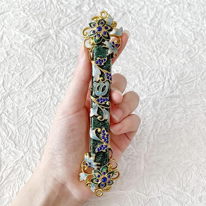 Hand Painted Mezuzah, Exquisite Enamel Mezuzah with Blue Crystal Accent