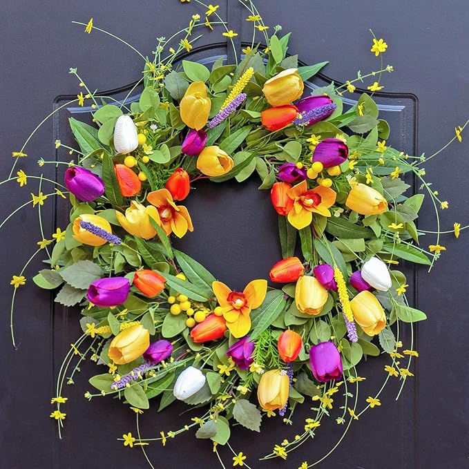 Spring Wreaths for Front Door 24 Inch,Spring Summer Wreath with Colorful Tulip,Eucalyptus and Ferns,Tulip Wreath for Indoor Outdoor Farmhouse Home Porch Wall Decor