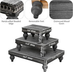 Swallowliving 3 Pcs Set Farmhouse Wood Risers for Display Decorative, Rustic Shabby Chic Tiered Tray for Kitchen Counter, Coffee Bar Table, Dining Room, Wooden Rectangle Beaded Pedestal Stand for Food, Black