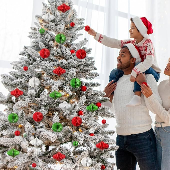 TecUnite 50 Pcs Christmas Paper Honeycomb Ornaments for Tree Vintage 3D Mini Glitter Edge Paper Christmas Ornament Honeycomb Tree Hanging Neutral Boho Holiday Xmas Party Decoration(Red White Green)