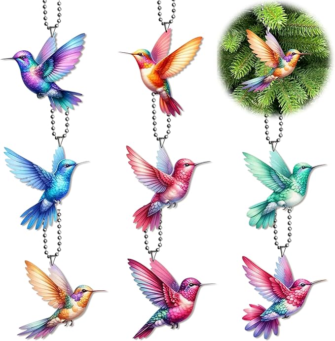 2D Bird Acrylic Hanging Ornament - 8Pcs Flying Birds Christmas Tree Ornaments, Xmas Tree Ceiling Pendants with Lanyard Rearview Mirror Window Charms Gift for Men Women (Hummingbird 1)