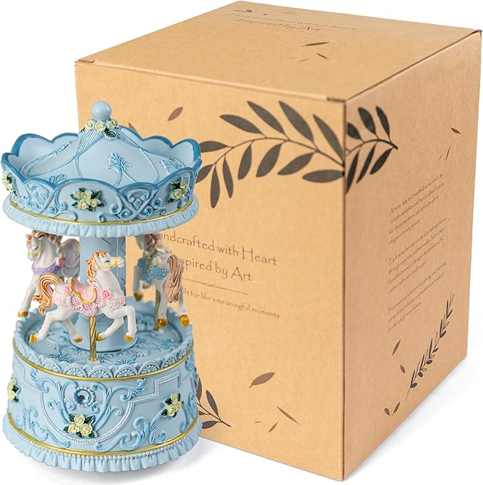 Lighted Rotating Carousel Music Box, Wind Up Musical Merry-Go-Round Figurine, Hand Painted Vintage Blue Collectible Decor, Plays Over The Rainbow, Gift for Girls, Women, Nursery, Bedroom