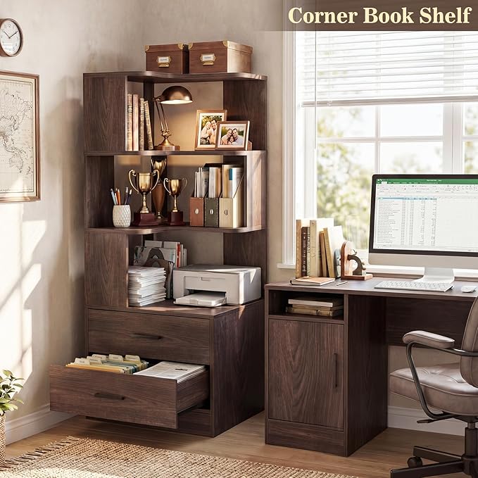 Armocity Corner Bookshelf with Drawers, 6 Tier Corner Book Shelf Display Bookcase, Freestanding L Shaped Bookshelf for Bedroom, Living Room, Home Office, Black Walnut