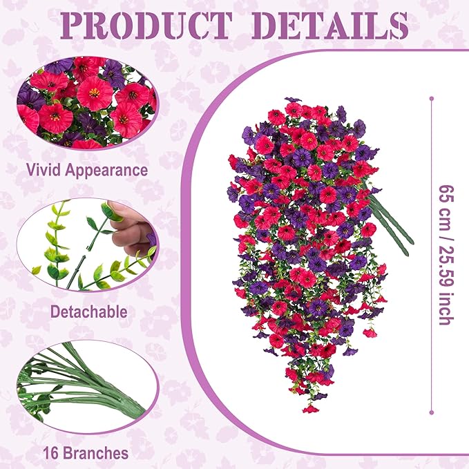 Artificial Hanging Flowers for Outdoor, 4pcs Fake Plants Long Vine Morning Glory Eucalyptus, Spring Summer UV Resistant Realistic Faux Greenery Indoor Outside Patio Porch Garden Decor, Hot Pink Purple
