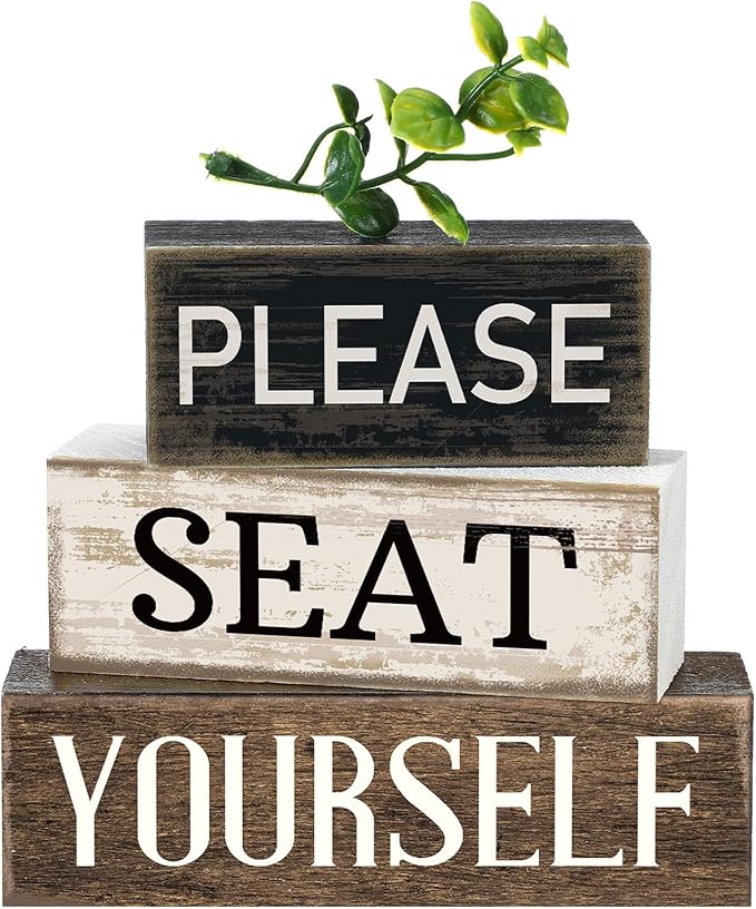 Moucuny 4 Pcs Bathroom Shelf Decor Farmhouse Bathroom Decor and Accessories Please Seat Yourself Sign Rustic Eucalyptus Leaves Wood Block Sign Gift Home Table Centerpiece for Home Office