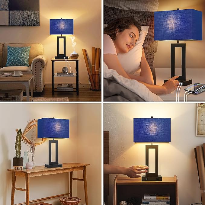 Set of 2 Touch Control Table Lamps with 2 USB Ports&AC Outlet, 3-Way Dimmable Modern Nightstand Lamp Sets, Bedside Desk Lamps for Bedroom Living Room End Tables Reading, Bulbs Included, Blue Shade