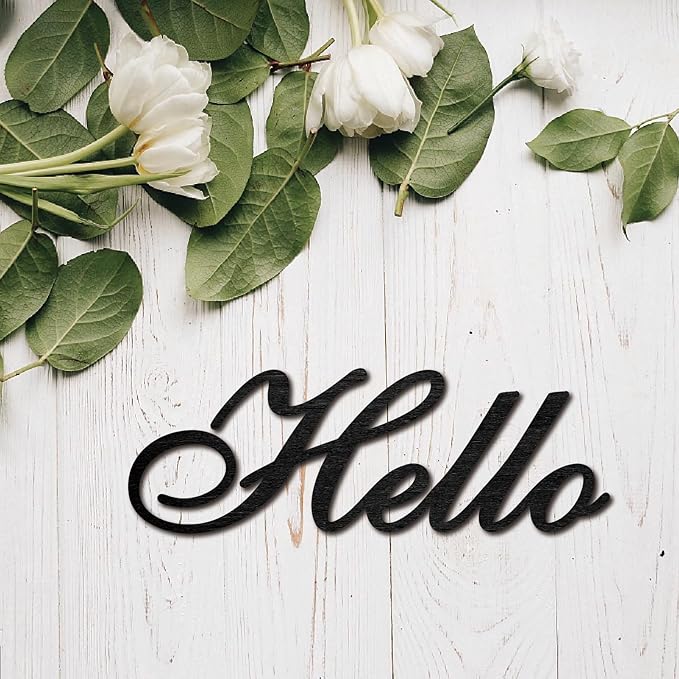 CREATCABIN Hello Word Cutout Sign Laser Cut Wood Letter Sign Black Wall Decor Unfinished Wooden Signs Wall Art Basswood Hanging Sculpture Decor for Craft DIY Home Farmhouse Front Porch Door 11.9x4Inch