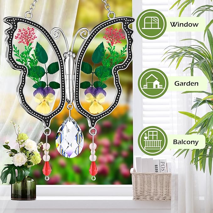 KY&BOSAM Crystal Butterfly Suncatcher Gifts for Mom Stained Glass Butterfly Wind Chime for Windows Hanging Pressed Rearl Flower Wings and Crystal Charm Gift for Mom Mother`s Day Birthday Christmas