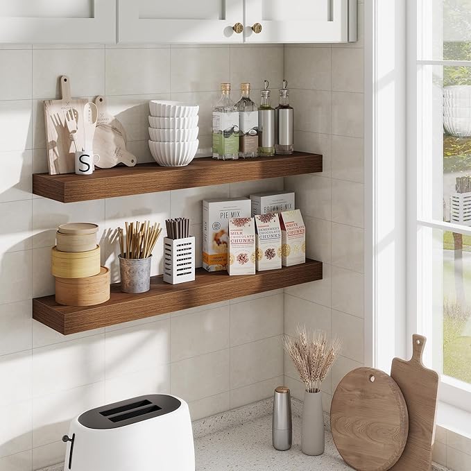Fun Memories Bathroom Shelves 32 Inch Long Set of 2, Floating Shelves for Wall with Invisible Brackets, for Bedroom, Living Room, Kitchen, Walnut