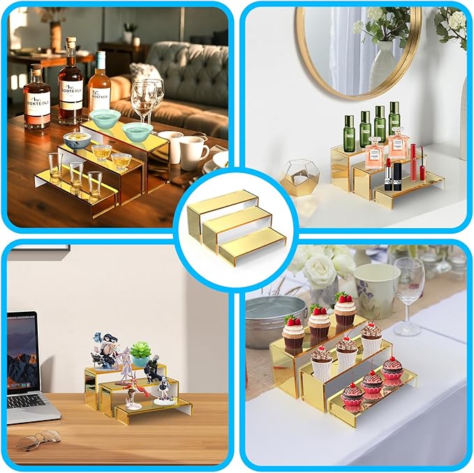 6 PCs Risers Display Stands 3 Tiers Desktop Acrylic Shelves Cake Dessert Holder Products Stand for Collectibles Shoes Jewels Pop Figure (Golden)