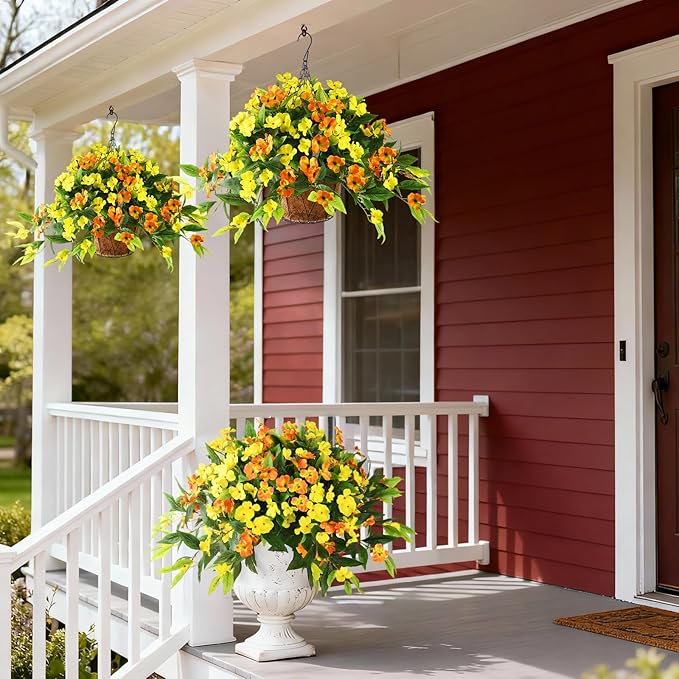Artificial Flowers for Outdoor, 2 Bundles UV Resistant Fake Plants Decoration Realistic Faux Silk Flowers No Fade Plastic Flowers for Outside Planters Home Porch Patio Yard Garden Decor