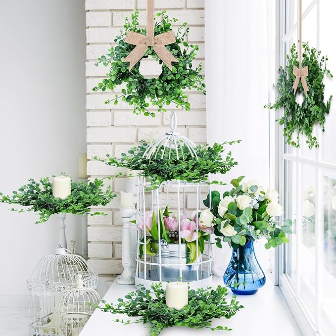 4 Pcs Mini Spring Wreaths Boxwood Table Centerpieces Green Pillars Candle Rings Wreaths 9 Inch Wreath for Cabinets Farmhouse Wreath with Ribbon for Front Door Porch Wall Window Decoration