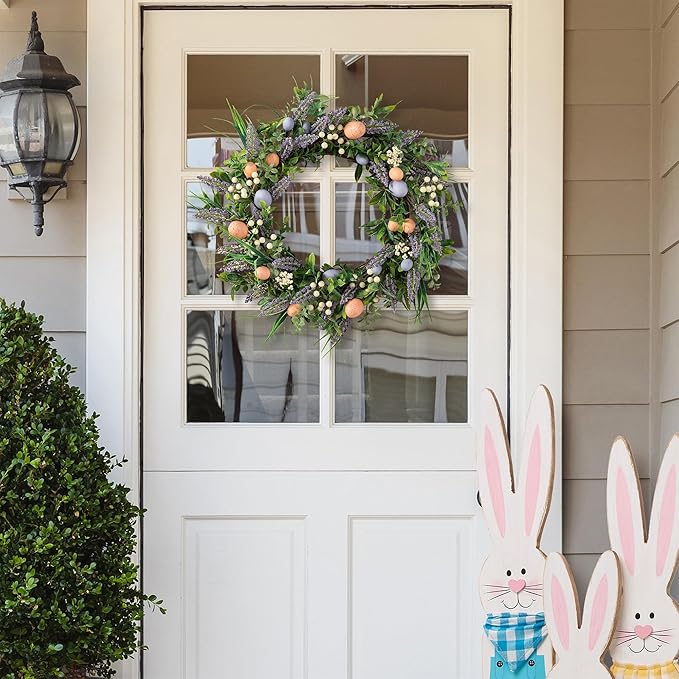 Glitzhome 22" D Easter Wreath with Artificial Easter Eggs Berries and Lavender for Front Door Wall Decor, Spring Easter Garland with Colored Eggs Berries Holiday Decoration