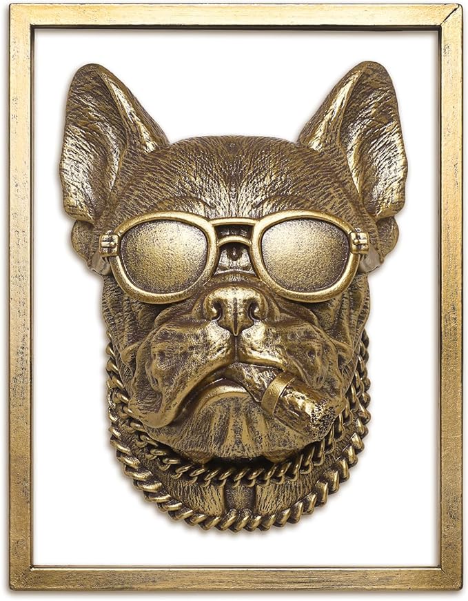 Newinhome Animal Heads Wall Decor (Includes Metal Frame) Resin Animals Sculptures Head Wall Hanging Decoration Gold vintage Wall Sculpture for Living Room Bedroom Office(Bulldog)