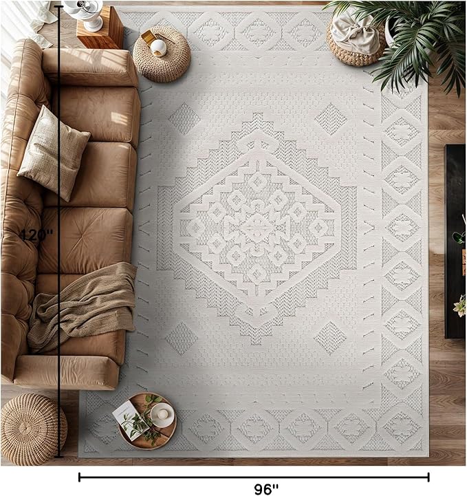 Modern Micro Loop Indoor Area Rugs for Living Room Bedroom Kitchen Geometric Trellis White 8x10 Luxury Durable Low and High Pile Non-Shedding Stain Resistant Soft Area Carpet 8 x 10