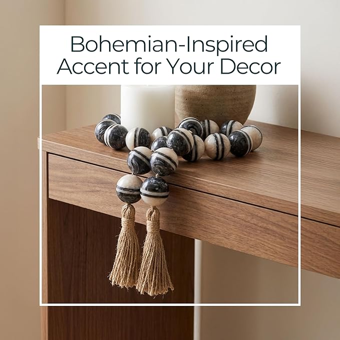 Sagebrook Home Modern Decorative Beads Garland - Handcrafted Resin & Jute - Boho Farmhouse Style - Home & Office Accent - 3" Ivory, White, Black
