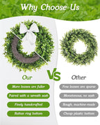 Vlorart 25" Faux Round Boxwood Wreath, Artificial Boxwood Wreath Front Door Wreaths Artificial Spring Summer Greenery Hanging with sash for Front Door Wall Hanging Window Wedding Decor