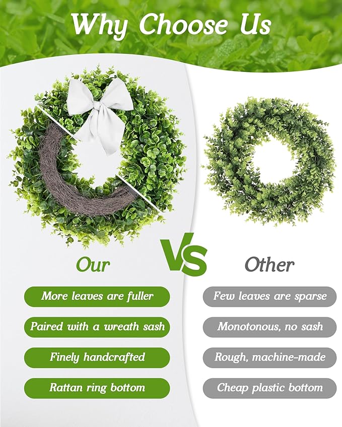 Vlorart 25" Faux Round Boxwood Wreath, Artificial Boxwood Wreath Front Door Wreaths Artificial Spring Summer Greenery Hanging with sash for Front Door Wall Hanging Window Wedding Decor