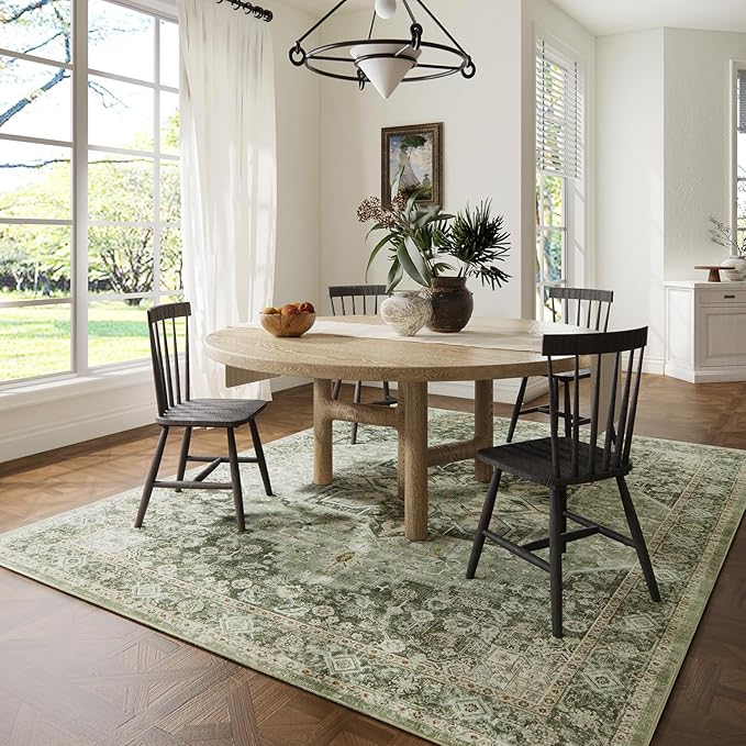 8×10 Machine Washable Rug for Living Room, Boho Vintage 8×10 Area Rug，Distressed Accent Low Pile Ultra Soft Large Carpet for Bedroom Bathroom Dining Room, Floral/Green