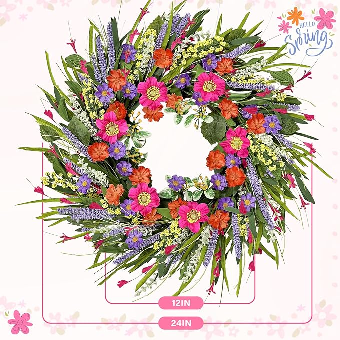 Spring Wreaths for Front Door 24 Inch with Vibrant Lavender and Daisy, Large Spring & Summer Wreath for Door Outside, Year Round Farmhouse Wedding Window Wall Decor, Housewarming Gift