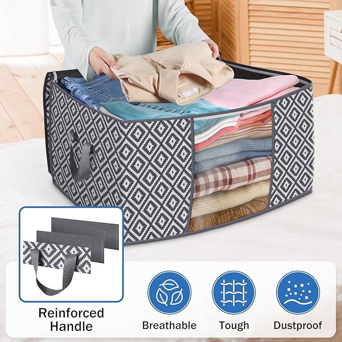 Direct 100L, 2 Pack, Storage Containers, Large Clothes Storage Bins Foldable Organization and Storage Bags with Reinforced Handle, Clear Window for Bedding, Blankets, Clothing, Grey