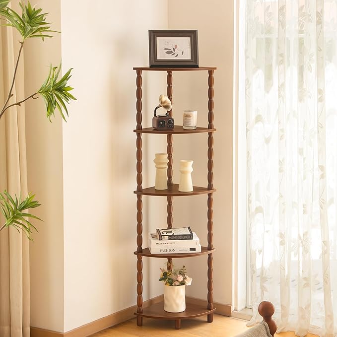 MaxSmeo Corner Shelf, 5-Tier Corner Bookshelf for Small Spaces, Vintage Corner Storage Display Shelves for Bedroom, Bathroom, Kitchen, Living Room (Walnut Brown)